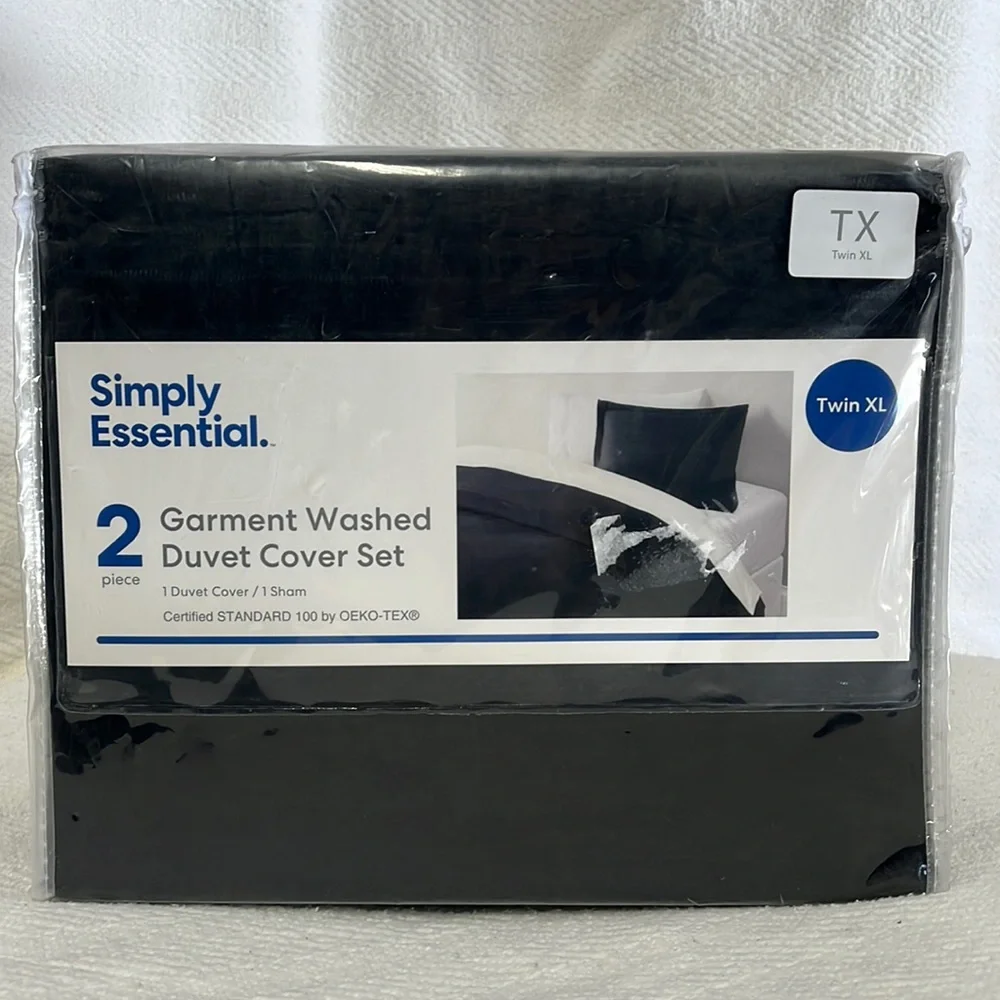 SIMPLY ESSENTIAL 2 PIECE Garment Washed Duvet Cover & Sham set Black For Twin XL
